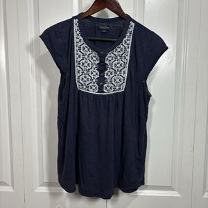 Lucky Brand Embroidered Boho Top Womens L Navy Cap Sleeve Festival Cottagecore
